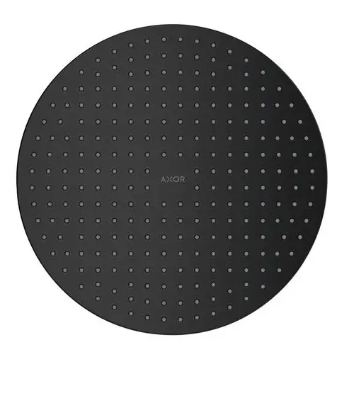 Schwarze, runde Kopfbrause mit vieler kleiner Düsenaussparung. In der Mitte befindet sich das Logo der Marke AXOR.